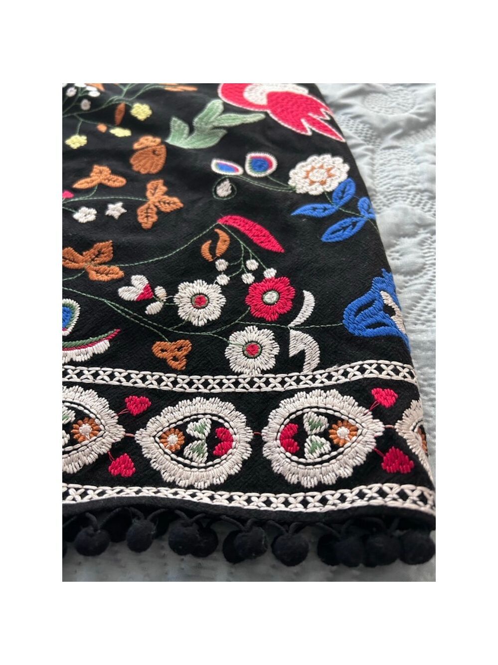 Umgee Black Multicolor Embroidered Mini Skirt Birds Pom Trim Sz L NWT - Picture 6 of 13